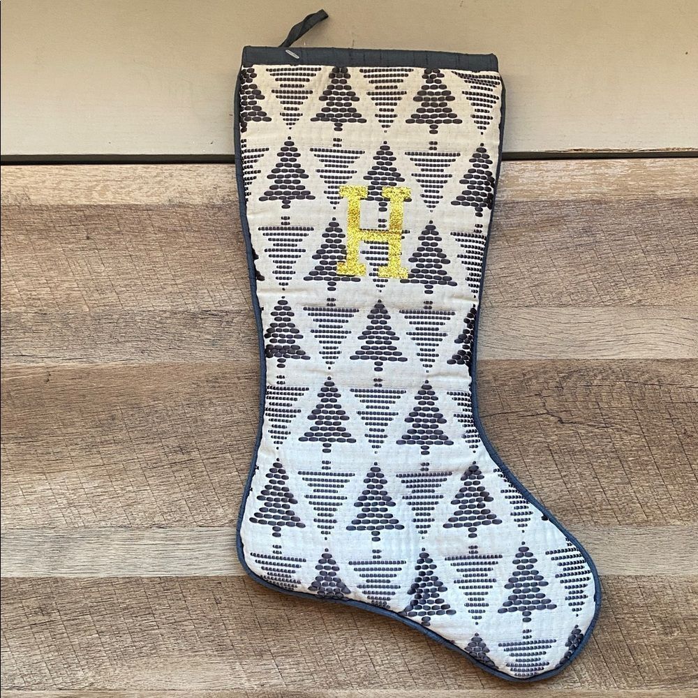 Quilted Monogrammed (H) Christmas Stocking with Trees